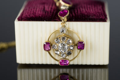 ANTIQUE RUBY AND DIAMOND NECKLACE IN YELLOW GOLD - SinCityFinds Jewelry