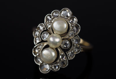 ANTIQUE PEARL AND ROSE CUT DIAMOND RING IN GOLD AND SILVER - SinCityFinds Jewelry
