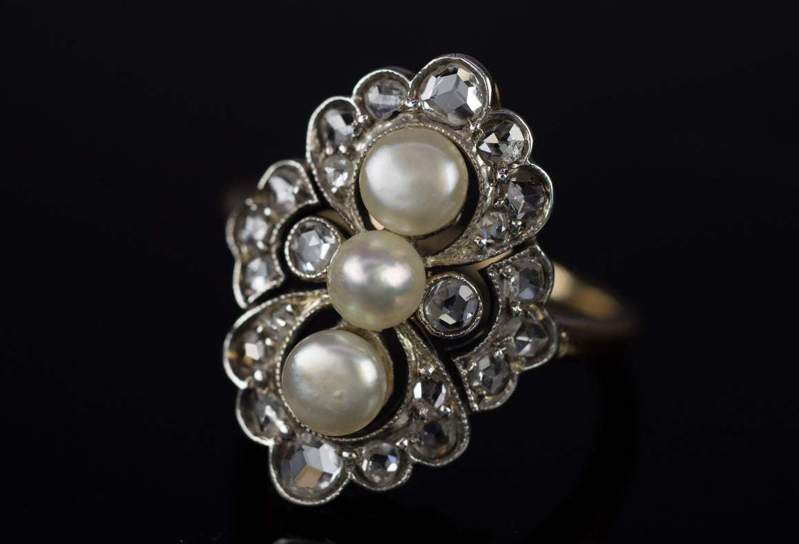 ANTIQUE PEARL AND ROSE CUT DIAMOND RING IN GOLD AND SILVER - SinCityFinds Jewelry