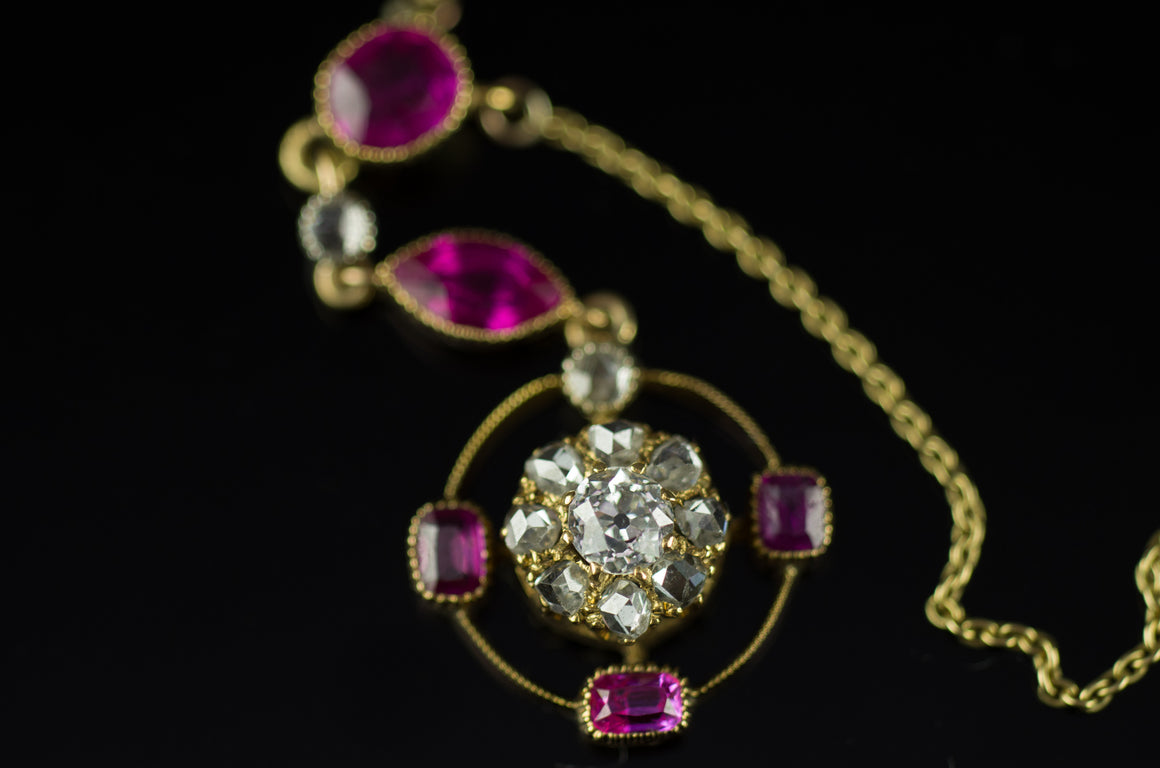 ANTIQUE RUBY AND DIAMOND NECKLACE IN YELLOW GOLD - SinCityFinds Jewelry