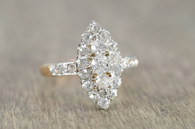 1CTW  ANTIQUE PLATINUM AND GOLD FRENCH NAVETTE DIAMOND RING - SinCityFinds Jewelry