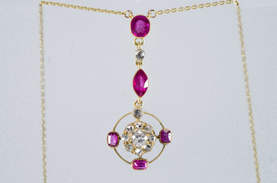 ANTIQUE RUBY AND DIAMOND NECKLACE IN YELLOW GOLD - SinCityFinds Jewelry
