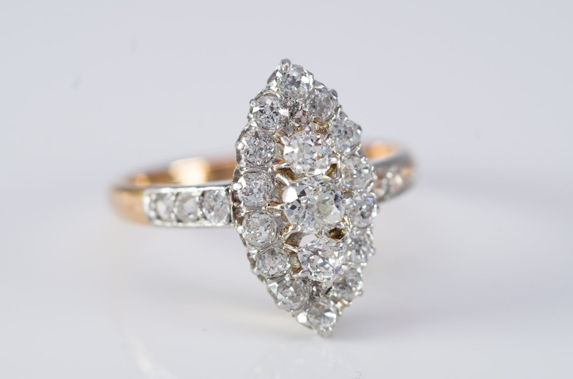 1CTW  ANTIQUE PLATINUM AND GOLD FRENCH NAVETTE DIAMOND RING - SinCityFinds Jewelry