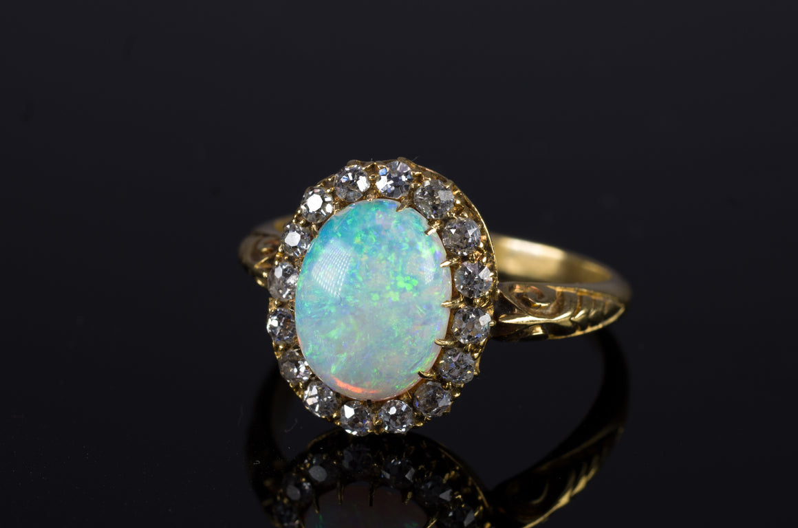 VICTORIAN OPAL AND OLD MINE CUT DIAMOND RING - SinCityFinds Jewelry