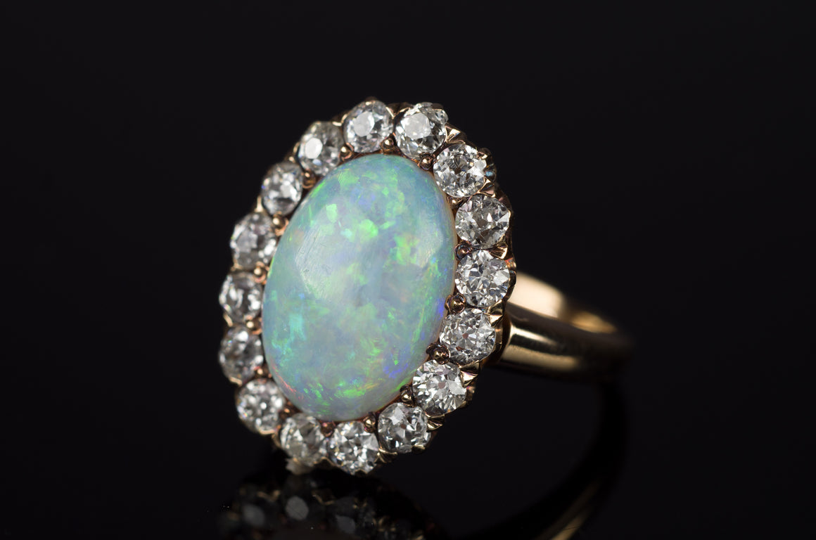 OPAL AND OLD CUT DIAMOND HALO RING - SinCityFinds Jewelry