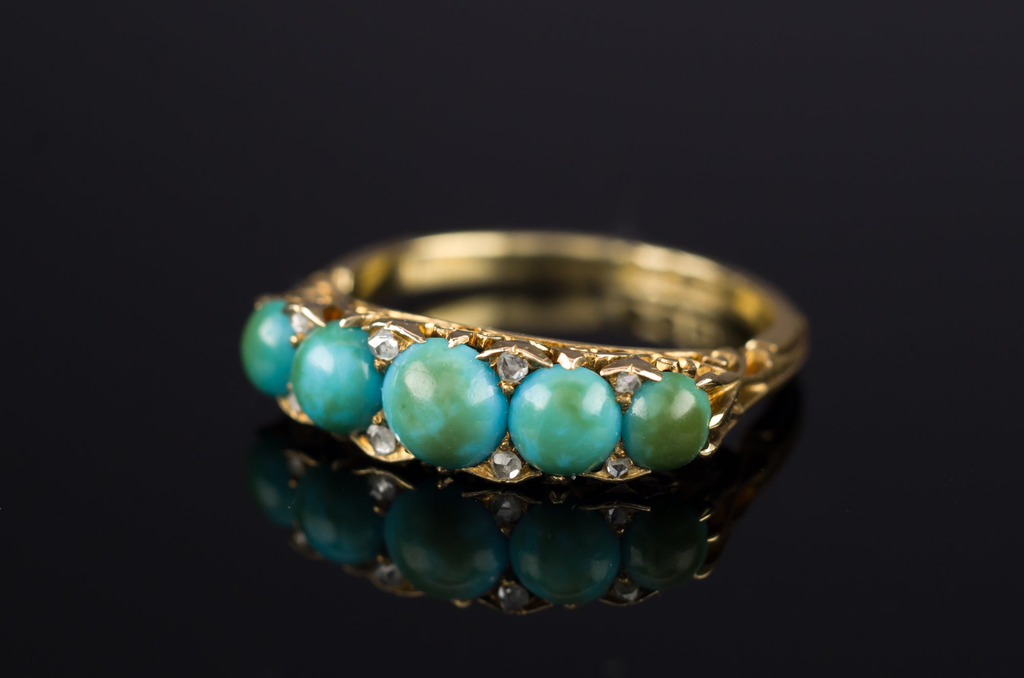 ANTIQUE HALF HOOP TURQUOISE AND DIAMOND  FIVE STONE BAND IN 18K - SinCityFinds Jewelry