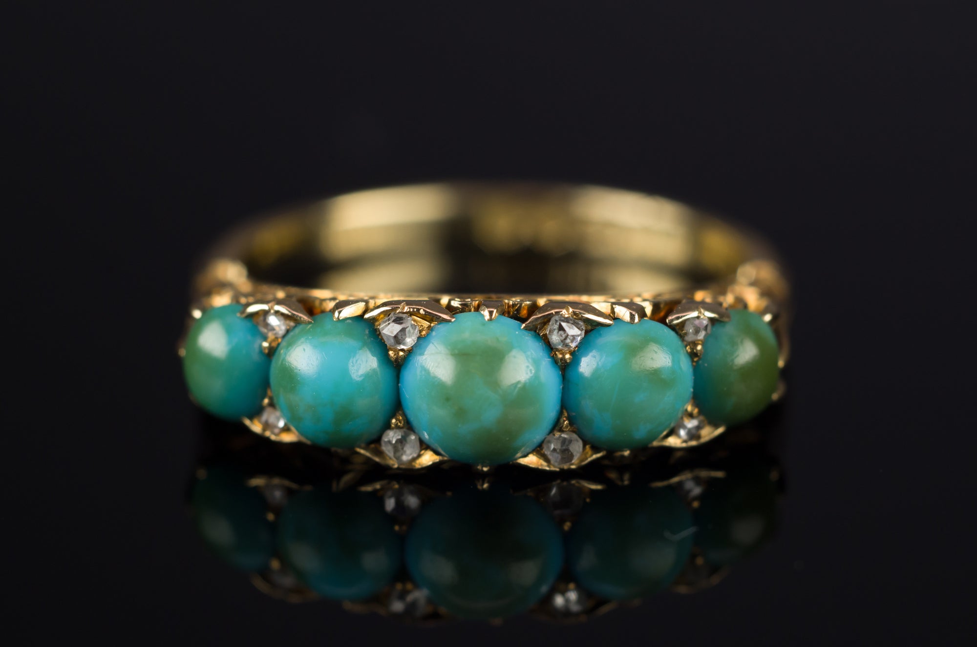 ANTIQUE HALF HOOP TURQUOISE AND DIAMOND  FIVE STONE BAND IN 18K - SinCityFinds Jewelry