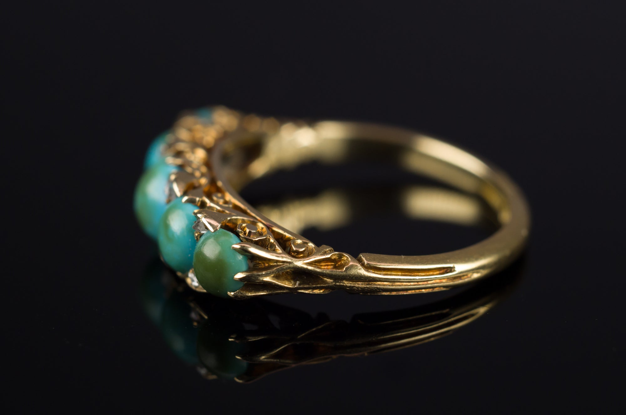 ANTIQUE HALF HOOP TURQUOISE AND DIAMOND  FIVE STONE BAND IN 18K - SinCityFinds Jewelry