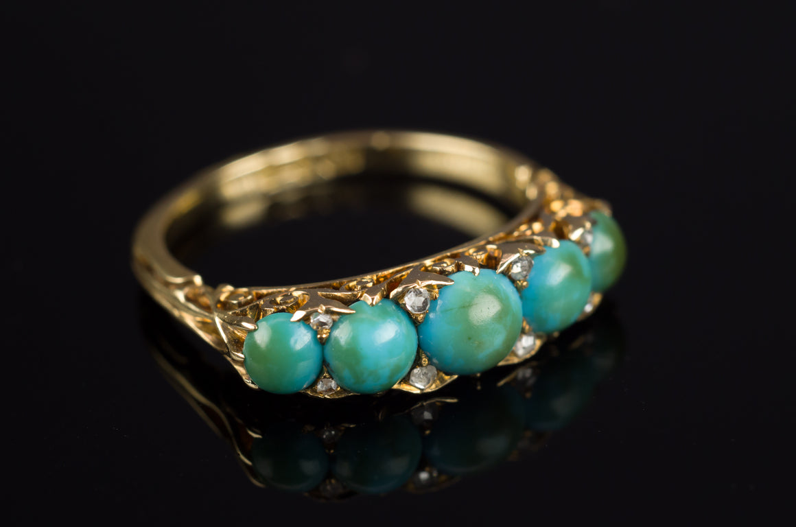 ANTIQUE HALF HOOP TURQUOISE AND DIAMOND  FIVE STONE BAND IN 18K - SinCityFinds Jewelry