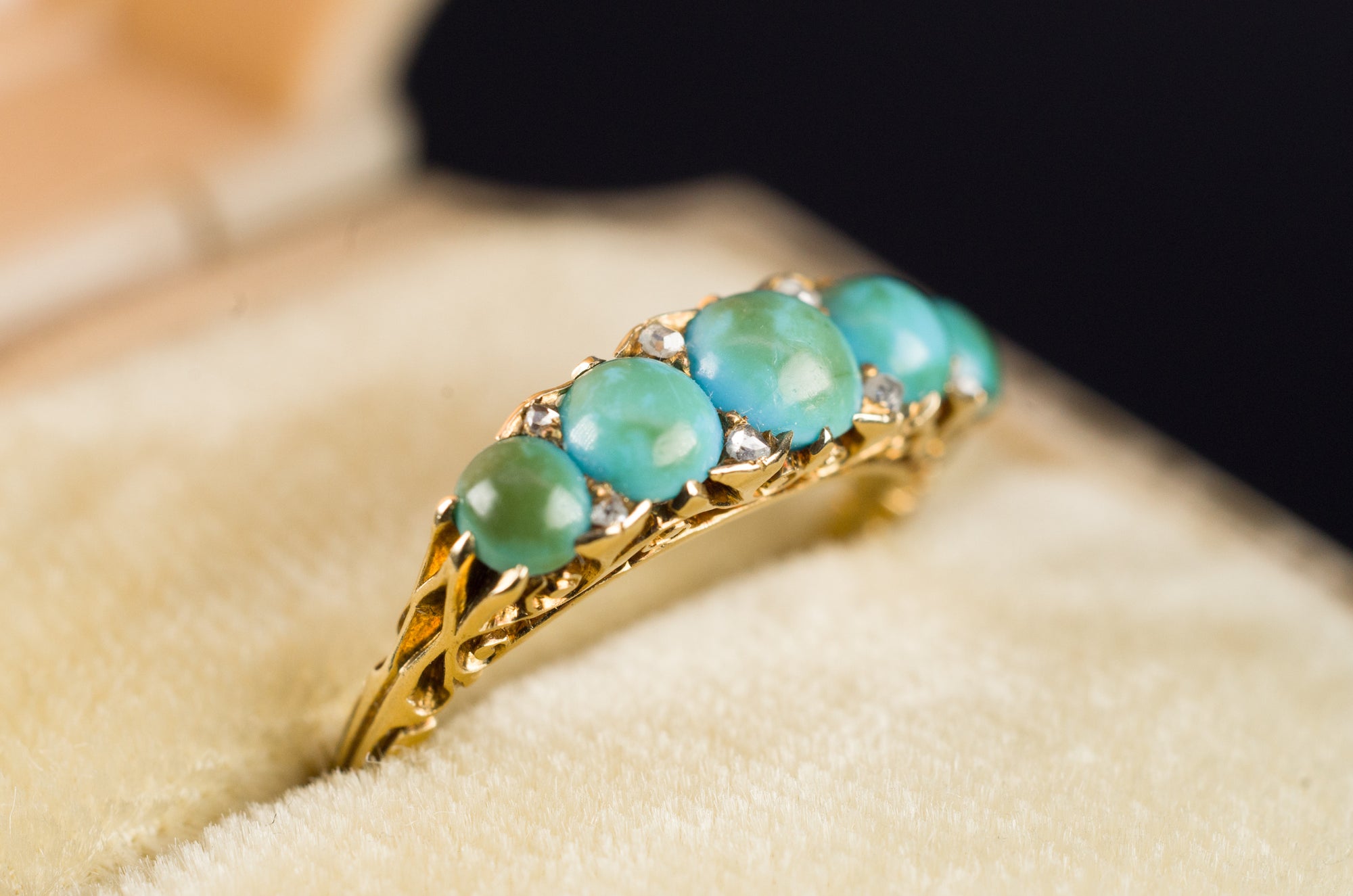 ANTIQUE HALF HOOP TURQUOISE AND DIAMOND  FIVE STONE BAND IN 18K - SinCityFinds Jewelry