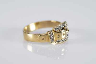 RETRO 14K YELLOW GOLD BUCKLE RING WITH DIAMONDS - SinCityFinds Jewelry