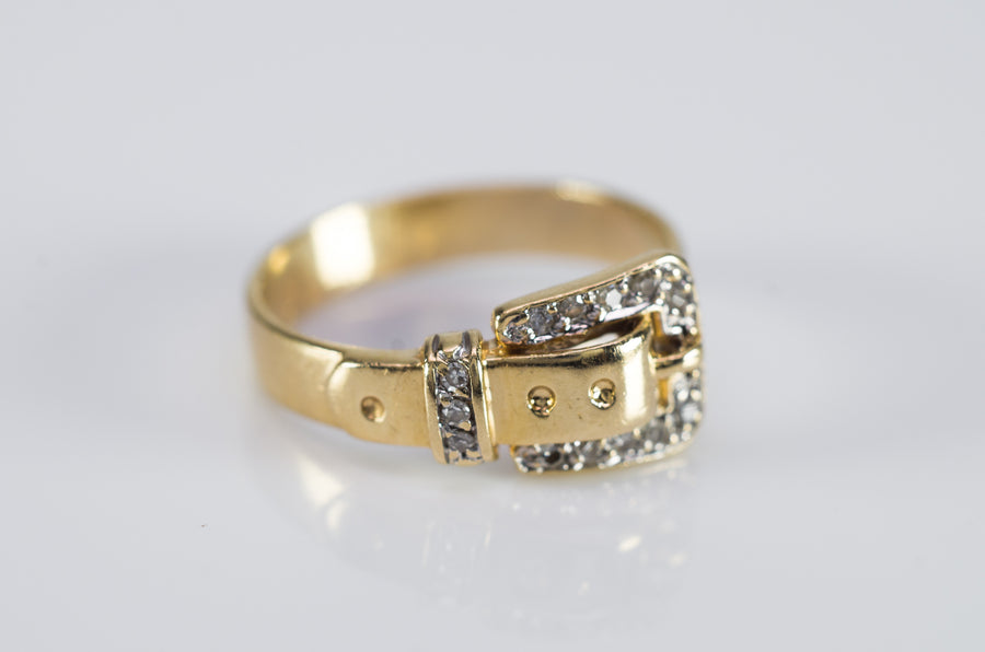 RETRO 14K YELLOW GOLD BUCKLE RING WITH DIAMONDS - SinCityFinds Jewelry