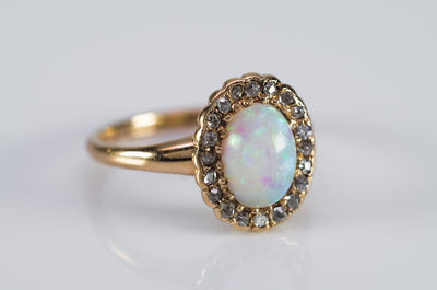ANTIQUE OPAL AND OLD CUT DIAMOND RING IN 14K  YELLOW GOLD - SinCityFinds Jewelry