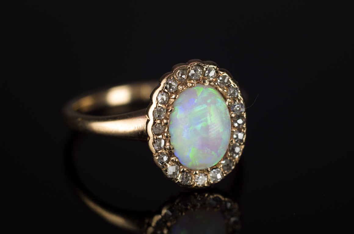 ANTIQUE OPAL AND OLD CUT DIAMOND RING IN 14K  YELLOW GOLD - SinCityFinds Jewelry