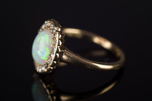 ANTIQUE OPAL AND OLD CUT DIAMOND RING IN 14K  YELLOW GOLD - SinCityFinds Jewelry