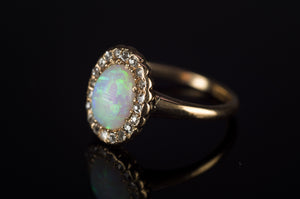 ANTIQUE OPAL AND OLD CUT DIAMOND RING IN 14K  YELLOW GOLD - SinCityFinds Jewelry