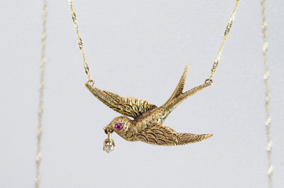 VINTAGE SWALLOW BIRD NECKLACE WITH DIAMOND AND RUBY ACCENTS - SinCityFinds Jewelry