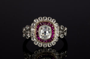 OLD CUSHION CUT DIAMOND AND RUBY HALO RING - SinCityFinds Jewelry