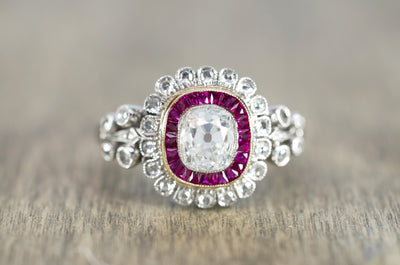 OLD CUSHION CUT DIAMOND AND RUBY HALO RING - SinCityFinds Jewelry