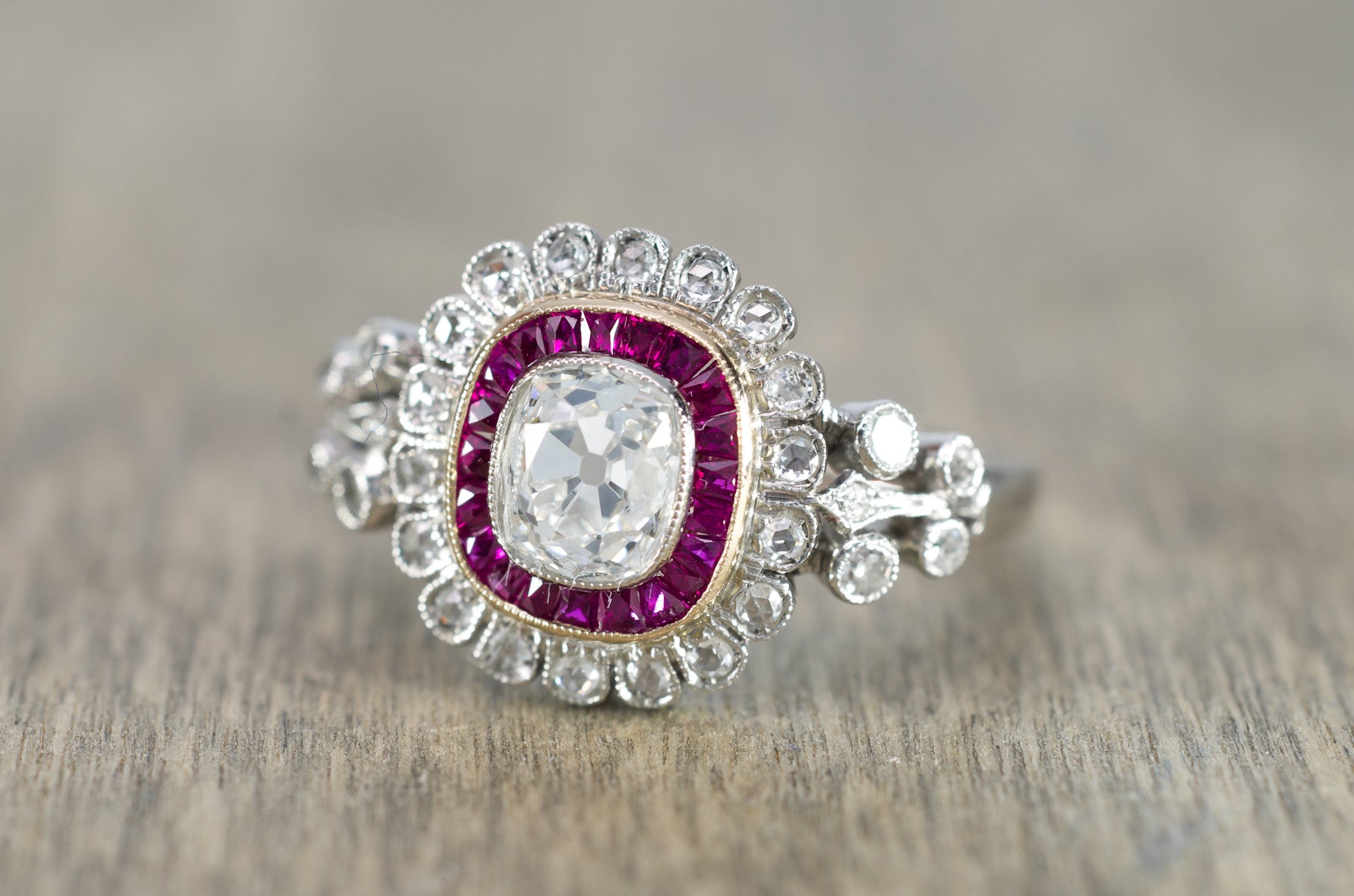 OLD CUSHION CUT DIAMOND AND RUBY HALO RING - SinCityFinds Jewelry