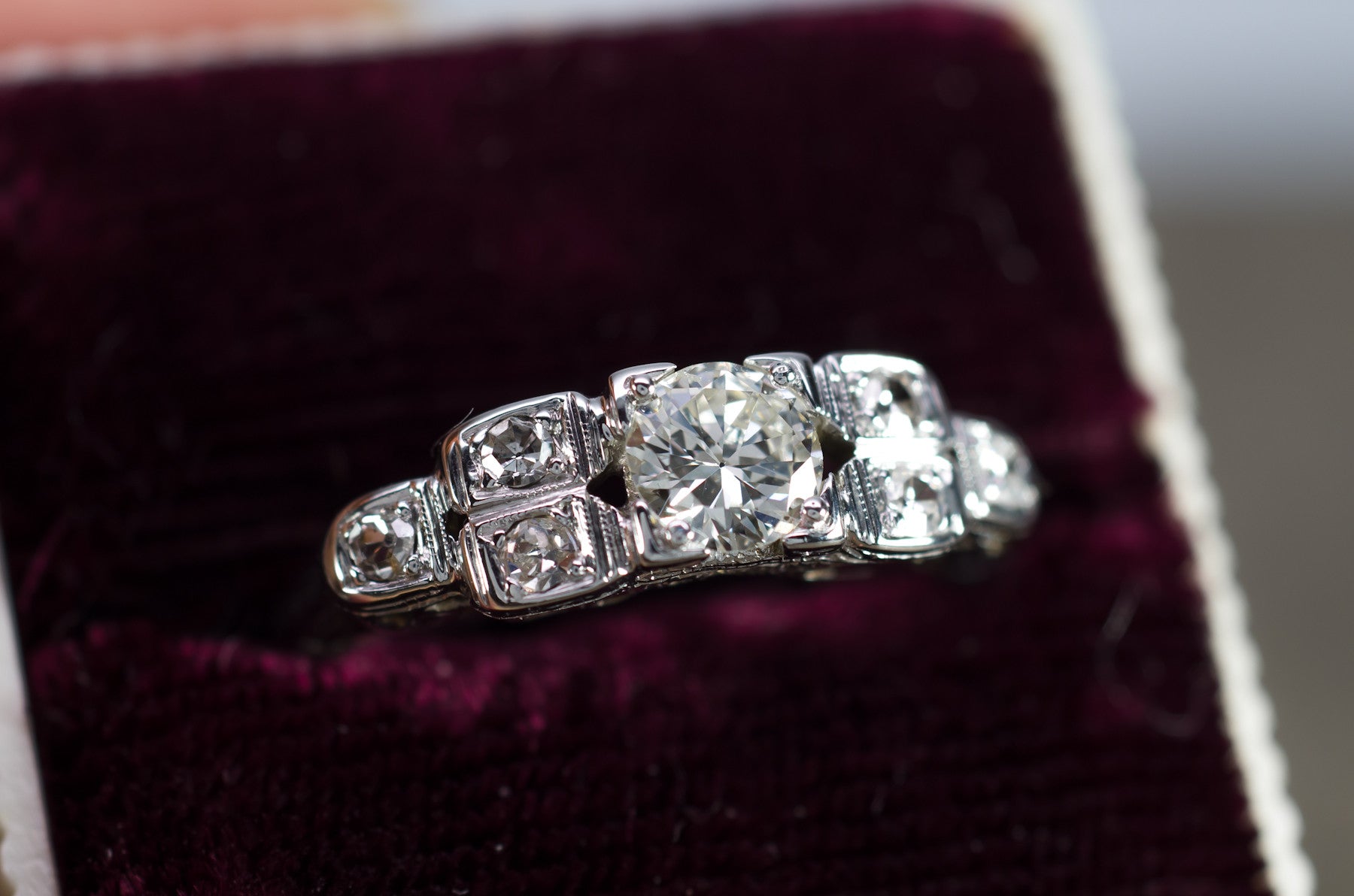 0.57CTW ART DECO TRANSITIONAL CUT DIAMOND RING IN 18K WHITE GOLD - SinCityFinds Jewelry