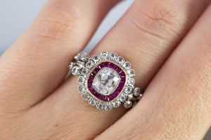 OLD CUSHION CUT DIAMOND AND RUBY HALO RING - SinCityFinds Jewelry