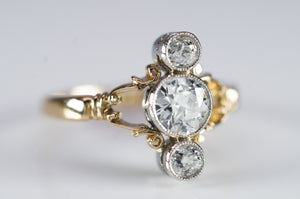 0.75CTW OLD EUROPEAN AND MINE CUT 3 STONE GOLD AND PLATINUM RING - SinCityFinds Jewelry