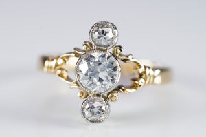 0.75CTW OLD EUROPEAN AND MINE CUT 3 STONE GOLD AND PLATINUM RING - SinCityFinds Jewelry