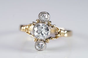 0.75CTW OLD EUROPEAN AND MINE CUT 3 STONE GOLD AND PLATINUM RING - SinCityFinds Jewelry