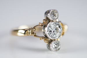 0.75CTW OLD EUROPEAN AND MINE CUT 3 STONE GOLD AND PLATINUM RING - SinCityFinds Jewelry