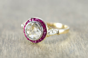 ANTIQUE FRENCH ROSE CUT TARGET RING WITH RUBY HALO - SinCityFinds Jewelry