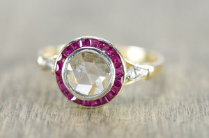 ANTIQUE FRENCH ROSE CUT TARGET RING WITH RUBY HALO - SinCityFinds Jewelry