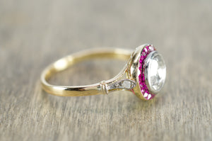 ANTIQUE FRENCH ROSE CUT TARGET RING WITH RUBY HALO - SinCityFinds Jewelry