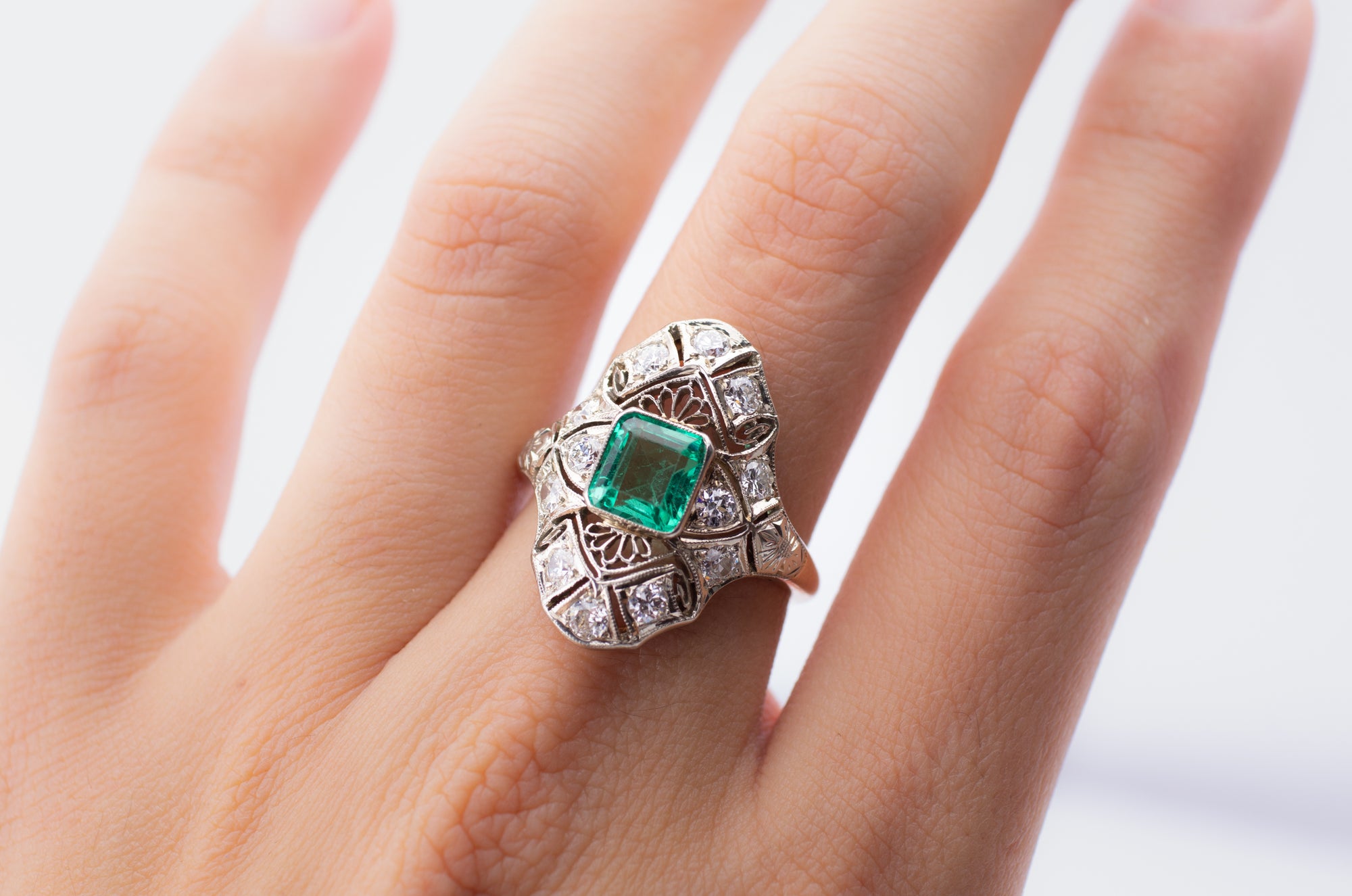 EMERALD AND DIAMOND NAVETTE SHAPE RING - SinCityFinds Jewelry