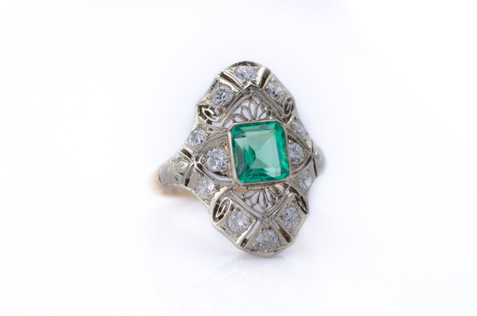 EMERALD AND DIAMOND NAVETTE SHAPE RING - SinCityFinds Jewelry