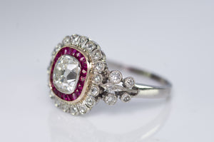 OLD CUSHION CUT DIAMOND AND RUBY HALO RING - SinCityFinds Jewelry