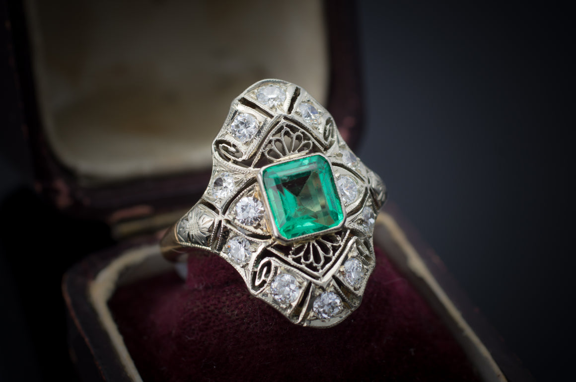 EMERALD AND DIAMOND NAVETTE SHAPE RING - SinCityFinds Jewelry