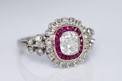 OLD CUSHION CUT DIAMOND AND RUBY HALO RING - SinCityFinds Jewelry