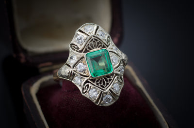 EMERALD AND DIAMOND NAVETTE SHAPE RING - SinCityFinds Jewelry