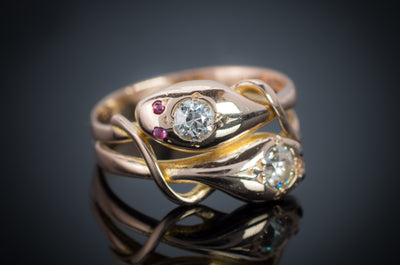 VINTAGE DOUBLE SNAKE RING WITH RUBY AND DIAMONDS - SinCityFinds Jewelry