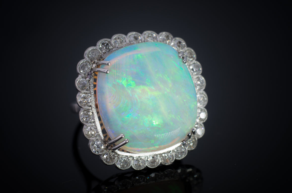 CUSHION CUT OPAL AND DIAMOND RING - SinCityFinds Jewelry