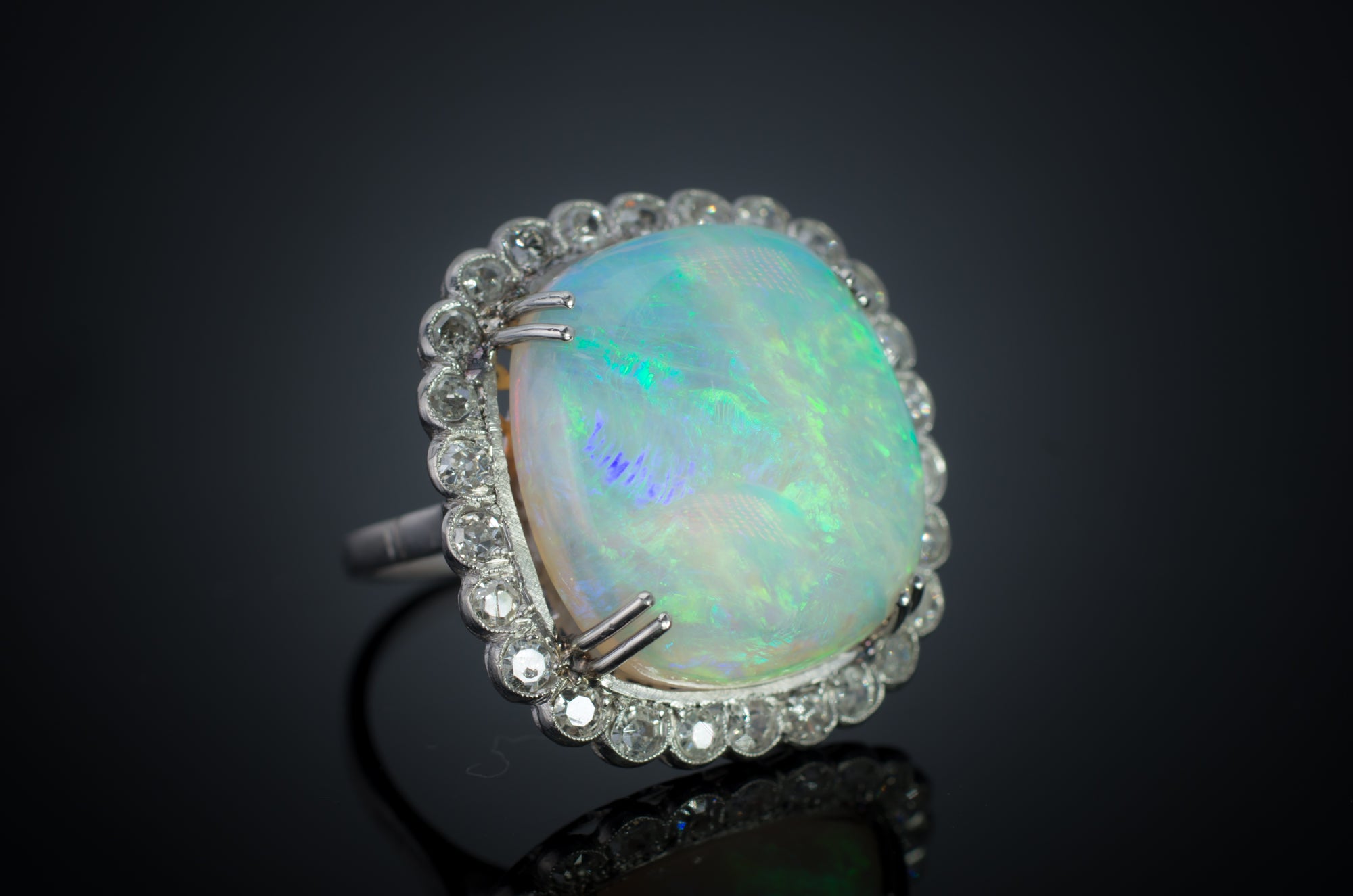 CUSHION CUT OPAL AND DIAMOND RING - SinCityFinds Jewelry