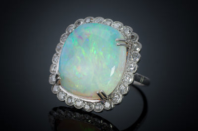 CUSHION CUT OPAL AND DIAMOND RING - SinCityFinds Jewelry