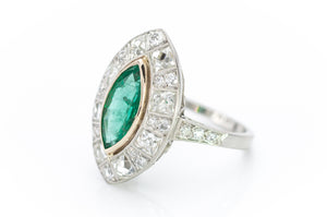 MARQUISE EMERALD ON FRENCH CUT DIAMOND HALO - SinCityFinds Jewelry