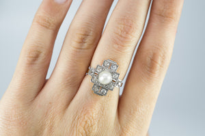 PLATINUM AND GOLD PEARL AND OLD CUT DIAMOND RING - SinCityFinds Jewelry