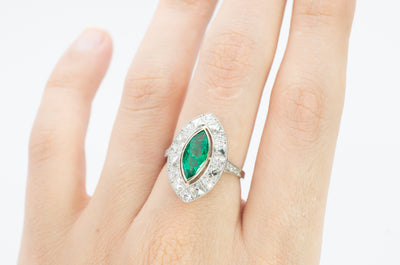 MARQUISE EMERALD ON FRENCH CUT DIAMOND HALO - SinCityFinds Jewelry