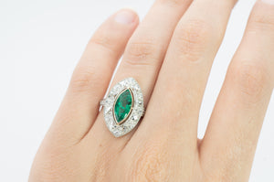 MARQUISE EMERALD ON FRENCH CUT DIAMOND HALO - SinCityFinds Jewelry