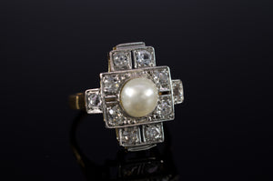 PLATINUM AND GOLD PEARL AND OLD CUT DIAMOND RING - SinCityFinds Jewelry