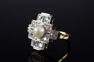 PLATINUM AND GOLD PEARL AND OLD CUT DIAMOND RING - SinCityFinds Jewelry