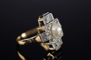 PLATINUM AND GOLD PEARL AND OLD CUT DIAMOND RING - SinCityFinds Jewelry